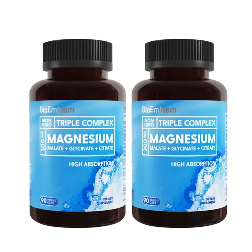 BioEmblem Triple Magnesium Complex Capsules - 300mg Glycinate, Malate, Citrate, High Absorb. Essential Mineral Supplement, Brain Booster, Blood Pressure Control, Vegan & Non-GMO, GF, 180 Count for Adults’ Muscle & Nerve Needs, Easy Daily Dosing