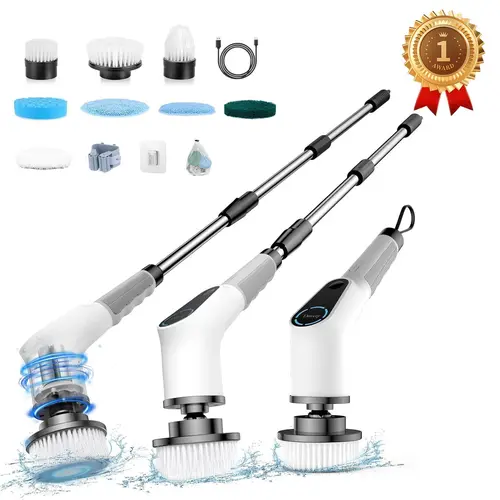 Dovety PowerSpin Cordless Electric Scrubber - Durable Power Scrubber with 8 Replaceable Brush Heads, 3 Adjustable Extension Handles, 2 Adjustable Speeds for Bathroom, Kitchen Cleaning; Ideal for Friends, Family, Parents & Household Items