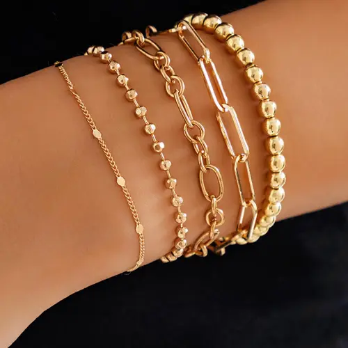 Simple Chain Bracelet & Beaded Bracelet, Metal Bracelet, Stacked Design Bracelets, Summer 2024 Bangles Set, Casual Stackable Matching Bracelet, All-match Jewelry, Streetwear Accessories As Friendship Bracelets, for Fall