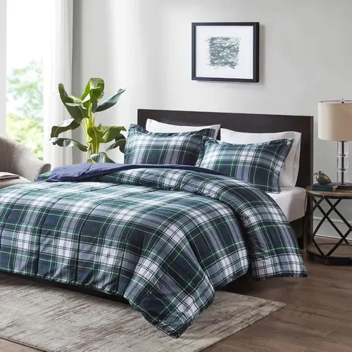 Madison Park Plaid Gingham Printed Bedding Set - 2" Flange Shams Included, 3M Scotchgard Stain Release Cover, Hypoallergenic All Season Comforter Set King for Home Decor