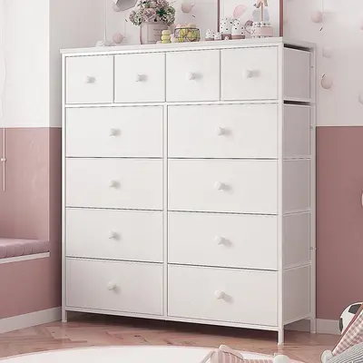 【Limited-Time Offer】Raybee 12 Compact Fabric Drawer Organizer, Space Saving Storage Bins for Closet, Modern Storage Tower for Socks Underwear Makeup, Tall Chest Organizer Unit for Bedroom Office Dorm Room, Steel Frame, Wood Top, Easy to Assemble