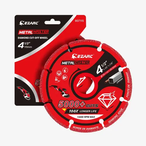 EZARC Diamond Metal Cut-off Wheel with Diamond Technology, Solid Steel Wheel Body, Power Tool Accessory for Rebar, Steel, Iron, Inox, Sheet Metal Cutting, Heavy Duty, 5000+ Cuts, Contaminant-Free, Cleaner Work Zone, Long-Lasting Safety Metalmaster Edge,to