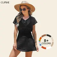 CUPSHE Women's Boho Knit Beach Cover Up, Cinched Waist, Short Dolman Sleeves, Boat Neck, Side Ruching, Summer Swimwear for Beach Vacation, Beach Cover Ups#SohoChic