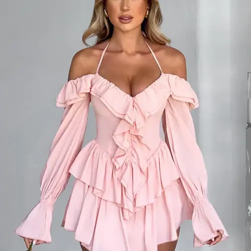 Women's Plain Ruffle Halter Casual Romper, Sexy Flounce Sleeve Romper for Spring & Fall, Holiday Summer Clothes, Womenswear