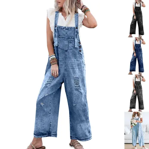 Goranbon Women's Basic Baggy Strappy Denim Overalls - Adjustable Buckle Design, Distressed Bib Jeans, Casual Style Womenswear Bottoms, Vintage,sohochic