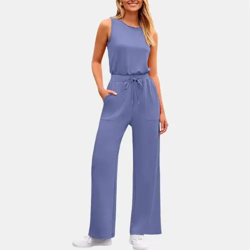 PRETTYGARDEN Women's Summer Outfit Casual Sleeveless Jumpsuit with Round Neck Wide Leg Adjustable Waist Tie & Pocket Detail Comfort Soft Romper - Womenswear