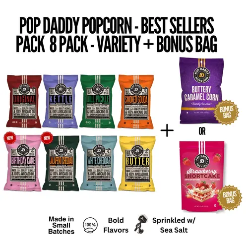 Pop Daddy Popcorn - Best Sellers Pack - 8 pack - Variety + BONUS BAG Snacks