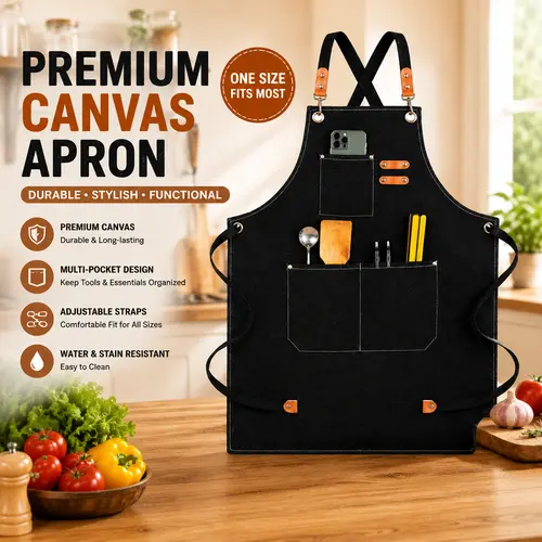 Cotton Canvas Kitchen Apron for Men & Women - Heavy Duty, Waterproof, Polyester-Blended, Abrasive Resistant, Durable, All Purpose, Daily, M-XXL Sizes, Adjustable Cross-Back Strap, Aprons with Pockets, Flower Print, Black, Food & Beverage Use