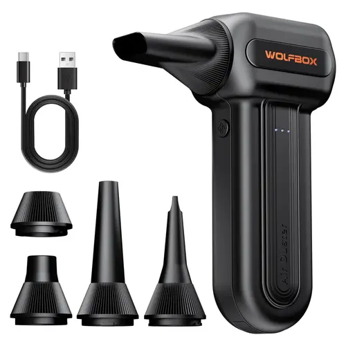 WolfBox Electric Air Duster - Lightweight Turbo Jet Blower Gun, 3 Speed Dust Control, 2500mAh Rechargeable Cordless, 3.5h Type-C Quick Charge, 0.5lb Power Tool for Gaming Keyboard, PC, Car, Camera Gear,toolupgrade
