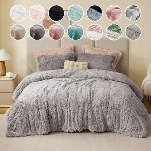 Queen Size Multi-Size Shaggy Long Synthetic Faux Fur Comforter Bedding Set - Down Alternative, Box Quilting, Ultra Soft All-Seasons Blanket, Matching Sham, Cozy Glamour for Cozy Bed Setup & Bedroom Decor