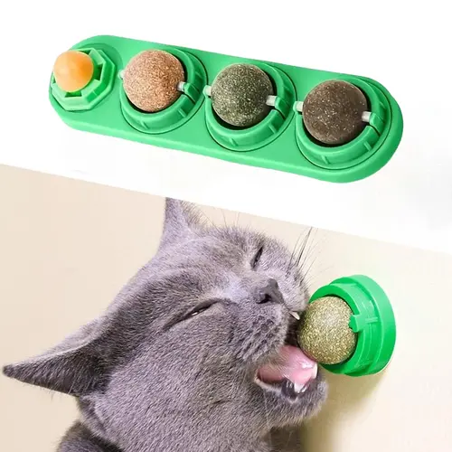 4-Pcs Catnip Rolling Ball Toys, Edible Silvervine Energy Balls for Kittens & Kitties, Healthy Dental Chew Toys & Wall Treats