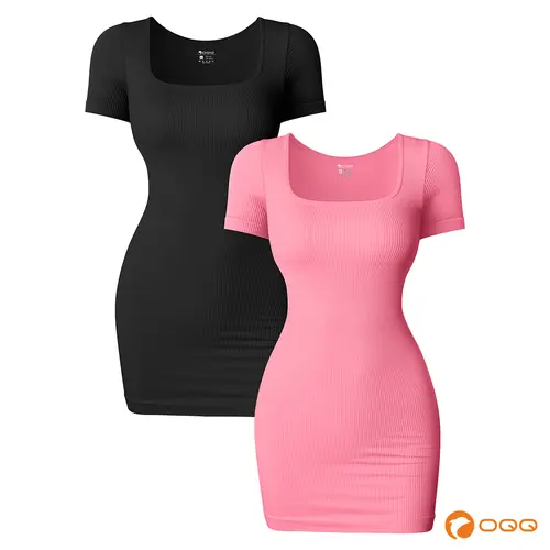 OQQfitness Women's Basic Bodycon Stretch Mini Dress - Stretchy Fitted Rib Knitting Square Neck Short-Sleeve, Soft Nylon, Non-See-Through, Minimalist Casual Summer Clothes for Women, Business Wear