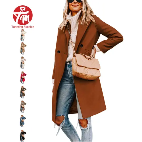 Tanming Women's Knee-Length Collared Wool-Blend Peacoat - Casual, Single-Breasted, Long Sleeve, Minimalist Tops Outerwear with Polyester for Spring, Fall,back to school,back to school shopping Womenswear Jackets