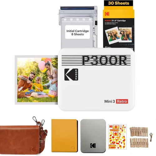 KODAK Mini 3 Retro 4PASS Portable Photo Printer (3x3 inches) Initial 8 Sheets + 30 Sheets + Gift Bundle