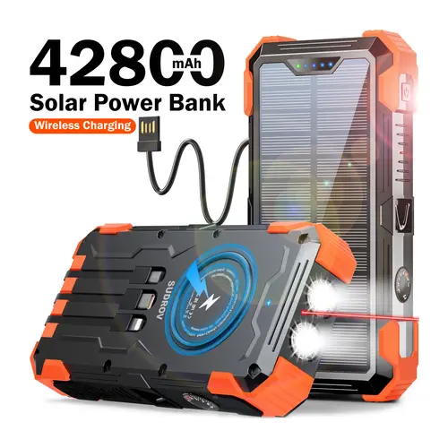 Sudrov 42800 mAh Solar Charger Power Bank Wireless Charger Built in 4 Cables 7 Outputs 15 Watts Fast Charging Power Bank for All Mobile Devices 3 Inputs Solar Portable Charger with Dual Flashlights, Carabiner and Thermometer tiktokshopbacktoschool, Rechar