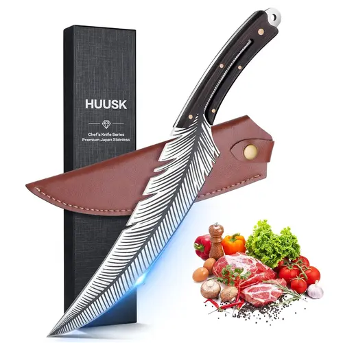 Huusk Professional Chef Boning Knife - Hand-Forged High Carbon Steel Ultra-Sharpened Feather Blade with Wooden Handle & Sheath, Ideal for Meat, Adds Kitchen Character, Gift Ideas for Camping, Campfire/BBQ Party, Cool Gifts for Guys