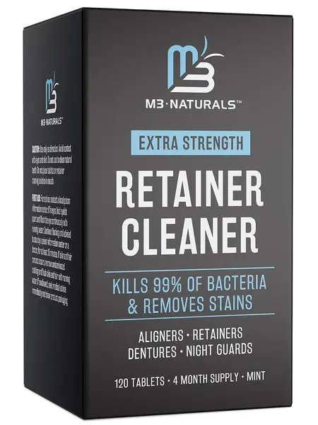 M3 Naturals Extra Strength Retainer Cleaner Tablets - 120 Mint Whitening Oral Cleansing Tablets for Dentures, Aligners & Mouth Guards - Kills 99% of Bacteria, Removes Tough Stains, Restores Brightness - Daily Ultrasonic Dental Hygiene Aid