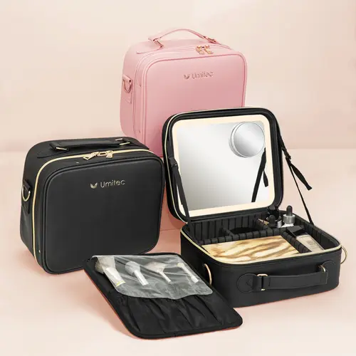 Makeup Bag with 3 Color Led Mirror, PU Leather Travel Cosmetic Bag Makeup Organizer Bag, Portable Makeup Case Adjustable Dividers Storage Box, Gift travelessentials