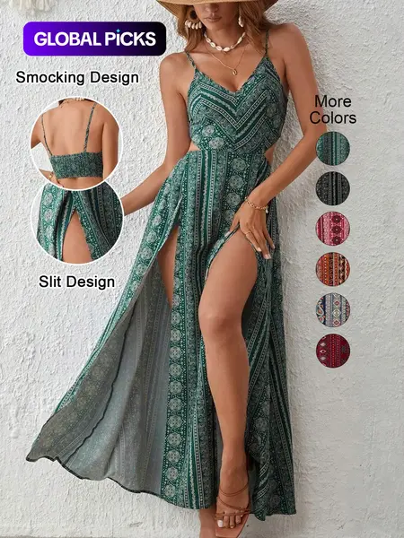 Women's Boho Striped Print Bodycon Dress, Bohemian Maxi Dress, Split Thigh Slit Backless Spaghetti Strap, Perfect for Beach Vacation, Summer & Layering, Boho Backless Sundress