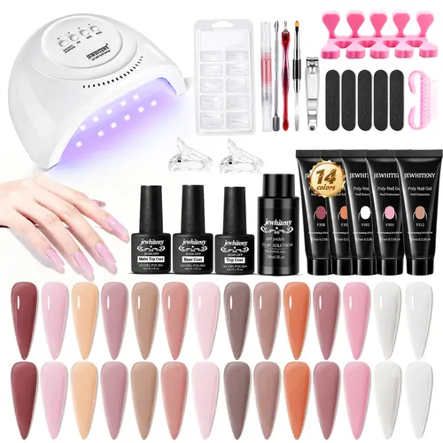 JEWHITENY Lightweight Builder Gel Nail Kit, 48W LED Lamp, 14 Colors Poly Extension Gel, All-in-1 Manicure Salon Nail Care French Kit for Beginners