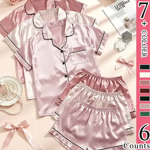 Women's Satin Pajamas Set, 6-Piece Spring Summer Solid Color Sleepwear Loungewear, Classic Collar Button Front Top with Pocket & Comfortable Shorts Collared Sleepwear