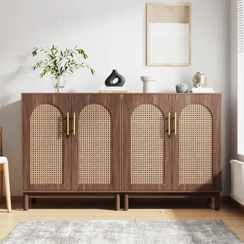 Tribesigns Set of 2 Rattan Sideboard Buffet Cabinet with Storage, 59 Inch Accent Cabinet with Doors, for Dining Room, Living Room, Kitchen
