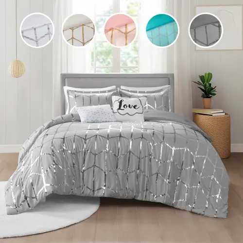 California King Antibacterial Soft Microfiber Bed Cover Set - Bedding Set with 2 Standard Shams, 1 Oblong Pillow, 1 Square Pillow, Silver Metallic Geometric Embroidered Detail, Hypoallergenic Fill, Wrinkle-Resistant, Spot-Cleanable, for Room Decor