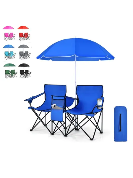 【Back to School】COSTWAY Double Portable Picnic Chairs, Folding Camping Chairs w/Detachable Umbrella, Cooler Bag, Cup Holders, Patio Beach Camping Chairs for Outdoors football baseball season,4th of july decor, dad gift