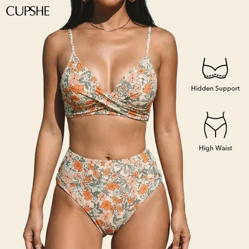 CUPSHE Women's High Waisted Tummy Control Bikini Set, Twist Front V Neck Swimsuit, Adjustable Straps, Floral Swimwear for Summer Beach Holiday, Swimsuits Bikinis, Summerfinds#SohoChic