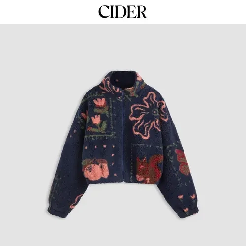 Cider Fleece High Neck Graphic Zipper Jacket SohoChic