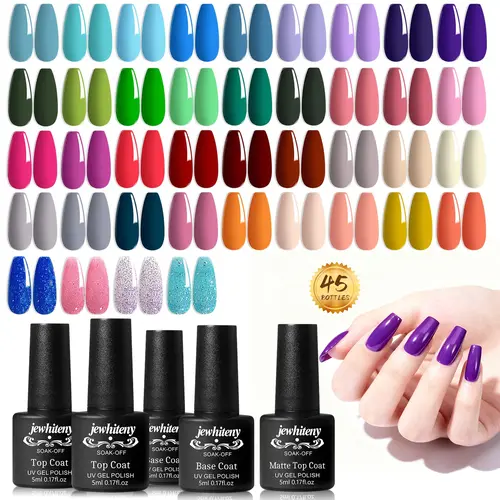 JEWHITENY Salon Gel Nail Polish Starter Kit - Soak-Off Set with Smooth Brush, Durable Formula, Nail Lamp, 2 Top Coats (Glossy & Matte), 2 Base Coats, Gift Box for Women