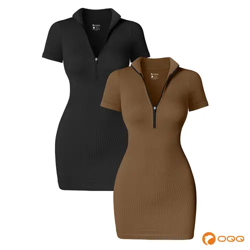 OQQfitness Women's Lapel Zip Fitted Short Fabric Dress - Soft Nylon, Stretchy Chic Casual Outfits for Summer, Ideal for Concert & Birthday Occasions, Concert Outfits