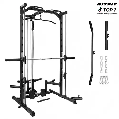 RitFit PSR05 Multifunctional Smith Machine, Compact Home Exercise Machine with 13 Accessories, Gym Equipment with Adjustable Bar & Smith Bar for Squats, Presses, Rows, Lat Pulldown System (Black/Pink)