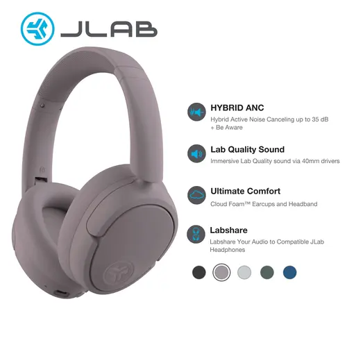 JLab JBuds Lux ANC Wireless Bluetooth Noise Cancelling Headphones with Mics, Adjustable Over-Ear Design, Custom EQ, Be Aware Safety Mode, Foldable, Wired Charging Cable, Compatible with iPhone/Android Devices (Tools and Gadgets, Mens Gifts)