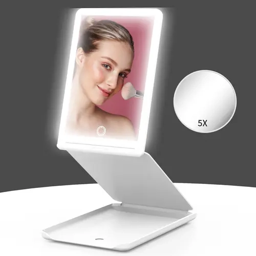 sohochic Jack & Rose Portable Folding Travel Makeup Mirror - 3 Color Changing Light-Up Ambient Lighting, Touch Screen Brightness Adjustment, Adjustable Height & Angle, Gifts for Women, Mini Useful Adjustable Mini Compact Mirrors,