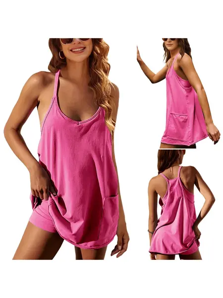 UANEO Women's Summer Sleeveless Mini Dress V Neck Spaghetti Straps Athletic Built-in Shorts Sundress SummerVibes