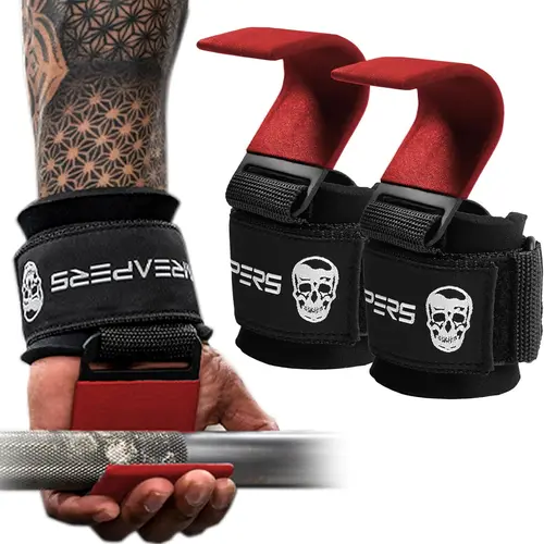 Gymreapers Premium Padding Lifting Hooks - Red, for Barbell