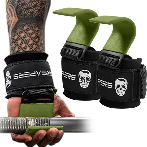 Gymreapers Heavy-Duty Lifting Hooks - OD Green, for Deadlifting, Rowing and Pulling Exercises