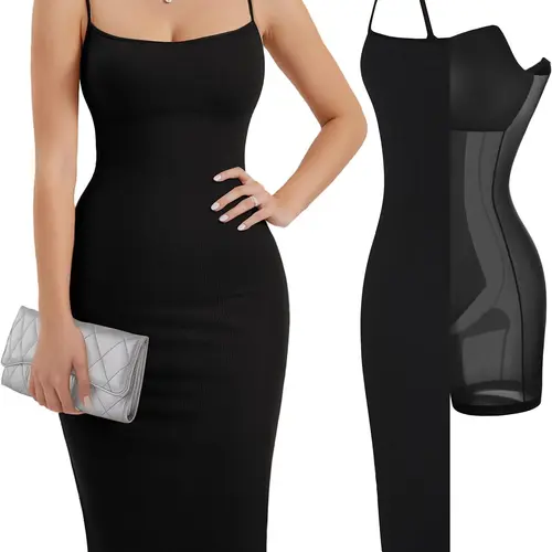 Popilush Slip Midi Dress Built-In Shapewear Spaghetti Straps Tummy Control Bodycon Casual Fabric