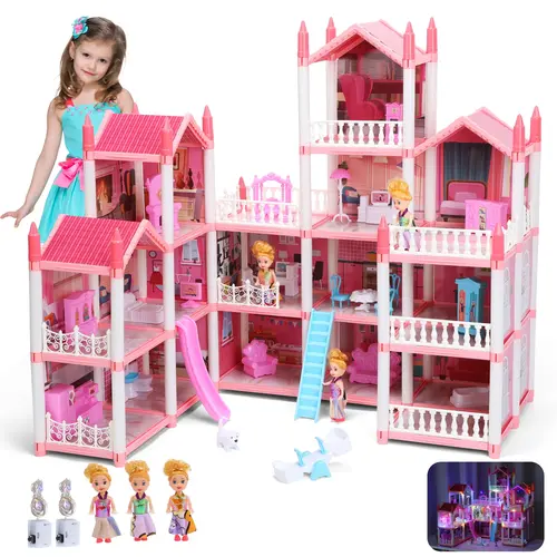 CUTE STONE High Quality Princess Unisex 16-Room Pink Miniature Dollhouse Play Set for Girls Ages 3+, PVC Free Kids Toy with Furniture, Accessories, Colorful Lights, 3 Dolls, Role Play, Assembly Required (25in×18in×29in) #backtoschool #sohochic, Miniature