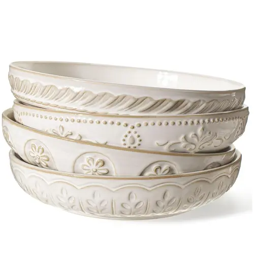 Artena Artisan Textured Ceramic Pasta Bowls Set of 4 - 9.75in 50oz (1000-2000ml) Round Plates and Bowls, Chip-Resist. Ceramic Dish, Durable Microwave-Safe Tableware with Unique Embossed Designs for Pasta, Salad