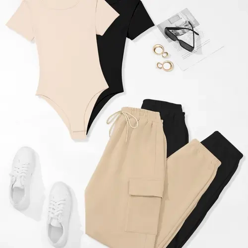Women's Solid Pocket Pants Set, Casual Short Sleeve Bodysuit & Drawstring Waist Cargo Pants Set, Summer Clothes for Outdoor Holiday Daily