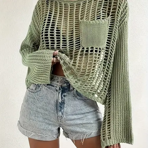 Women's Solid Pocket Hollow Out Round Neck Sweater, Chic Casual Drop Shoulder Long Sleeve Jumper for Spring & Fall, Summer Outfits 2024, Women's Knitwear for Daily Wear