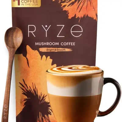 RYZE SUPERFOODS Organic Mushroom Coffee Powder - USDA Organic Medium Roast, USA-Grown Instant Healthy Focus Beverage for Adults, Vegetarian, Gluten-Free, Dairy-Free, 6 Adaptogenic Mushrooms, Acacia Fiber, No Additives, 30 Servings