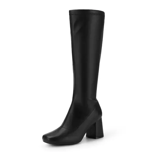 Dream Pairs Women's Stylish Gogo Knee-High Boots - Square Toe, Chunky Block Heels, Synthetic, Flexible Stretchable PU, Wide Fit, Casual Walking, Day-To-Night Alternative Footwear (Black/Patent/PU), Women's Fashion, Chunky Shoes,sohochic