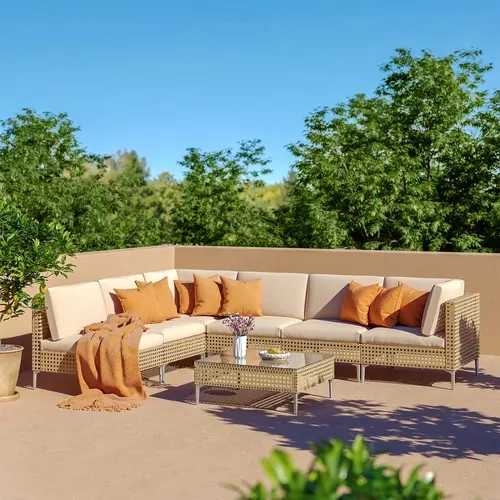 GRAND PATIO 7-Piece Corner L-Shape Outdoor Furniture Set, Basket Weave Wicker Sectional Sofa with Thick Beige Cushions, All-Weather Seating with Modern Metal Coffee Table for Deck, Pool, Garden