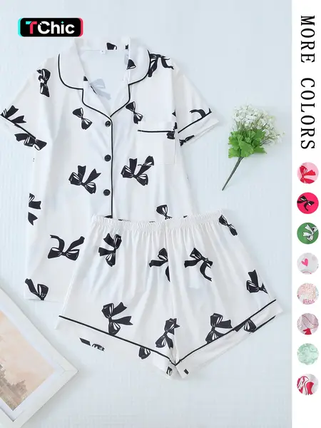 Two-Piece Set Women's Printed Graphic Button Front Pocket Shirt & Elastic Waist Shorts Pajama Set, Cute Comfy Soft PJ Loungewear Set, Homewear, Summer Clothes Women, Soft Pajamas, Nightwear