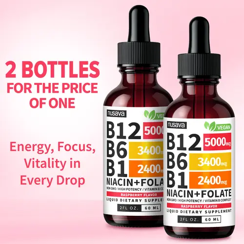 (2-PACK) Vitamin B12 Liquid Supplement Drops with B6, B1, Niacin & Folate - Edible Support for Energy, Brain & Heart, Non-GMO & Gluten-Free, 4 FI Oz