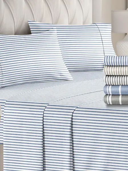 CGK | Printed 4-Piece Stripe Sheet Set – Soft Microfiber Bedding, Deep Pocket, Wrinkle-Free, Cooling, Chic Design Bedsheet Sets