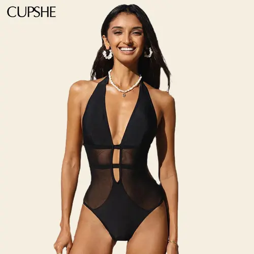 CUPSHE Women's Mesh Tummy Control Deep V Neck Halter Back Sheer 1 Piece Swimsuit, Pool Party Look, 2026 Summer, Monokini Bathing Suit, Bodycon Fit, Swimwear#SohoChic